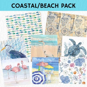 Set of 8 Coastal Decoupage Napkin Pack, Paper Craft Napkins, Beach/Coastal Theme Set, Sea Turtles, Heron, Egret, Octopus, Sea Horse, Shells