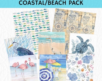 Set of 8 Coastal Decoupage Napkin Pack, Paper Craft Napkins, Beach/Coastal Theme Set, Sea Turtles, Heron, Egret, Octopus, Sea Horse, Shells