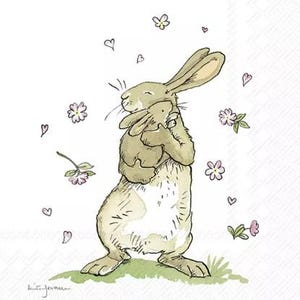 May include: An illustration of a mother rabbit hugging a baby rabbit. The rabbits are light brown and white, with long ears and closed eyes. Pink flowers and hearts float around them on a white background. The image has a soft, watercolor style.
