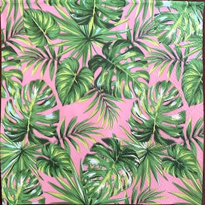 Decoupage Napkins, Palm Leaves Napkins, Set of 2 Cocktail Size, #0209 Palm Leaf on Pink Beach Coastal Craft Napkins, Ocean Life