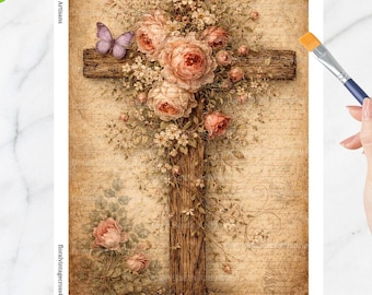 Vintage Floral Cross Paper FREE SHIPPING, Cross Decoupage Paper, VintageFloralCross4-11in