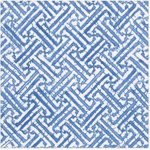 May include: A blue and white patterned fabric with a geometric design. The pattern consists of interconnected, angled lines in varying shades of blue against a white background. The design has a watercolor effect.