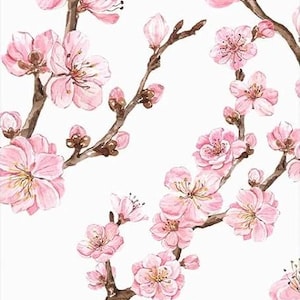 May include: A watercolor illustration featuring delicate pink cherry blossom flowers blooming on brown branches against a plain white background. The pattern displays multiple clusters of five-petaled blossoms in various stages of opening.