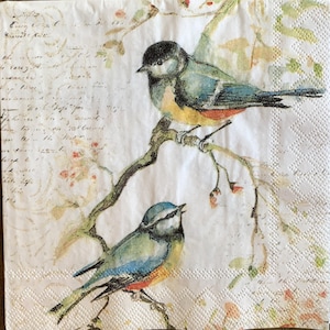 May include: Two bluebirds with yellow and red accents are perched on a branch with white blossoms. The background is a vintage-style cream paper with handwritten text.