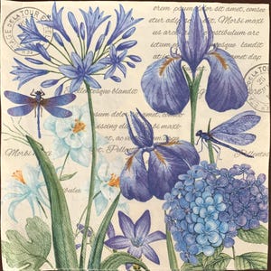 May include: A vintage-style floral design featuring blue irises, white daffodils, and blue hydrangeas. The background is a cream color with a faded text pattern. Two blue dragonflies are flying among the flowers.
