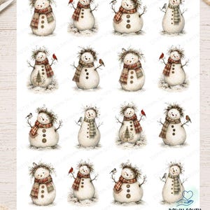 May include: A sheet of decoupage rice paper featuring sixteen illustrations of snowmen. Each snowman wears a plaid scarf, has twig arms, and is adorned with a small bird or a pine tree graphic. The text Down South Artisans is at the bottom.