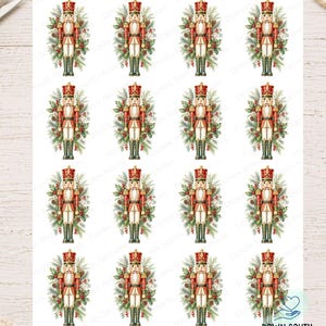 May include: A sheet of decoupage rice paper featuring sixteen identical illustrations of a nutcracker soldier standing in front of pine branches, pinecones, and red berries. The text Down South Artisans is printed at the bottom of the sheet.