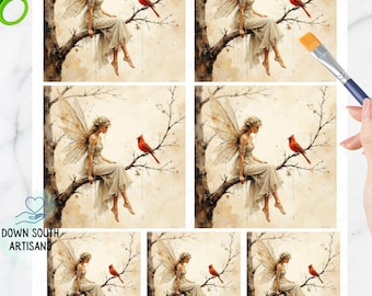 Cardinal Fairy Rice Paper FREE SHIPPING, Size choices, Decoupage Paper, fairycardinalmix2