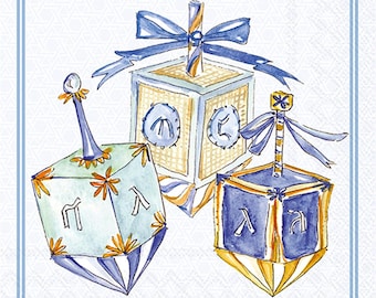 Decoupage Napkins, Dreidels Hannukah napkins, Set of 2 Cocktail Size, #0847 Jewish Craft Paper Napkins