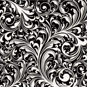 May include: A black and white floral pattern with swirling, stylized leaves and vines. The design features a high contrast between the black background and the white, detailed floral elements, creating a classic, elegant look. The pattern is suitable for various decorative applications.