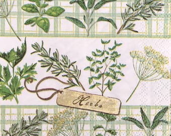 Decoupage Napkins, Herbs napkins, Set of 2 Cocktail Size, #720 Green White Herb Decoupage Craft Napkins