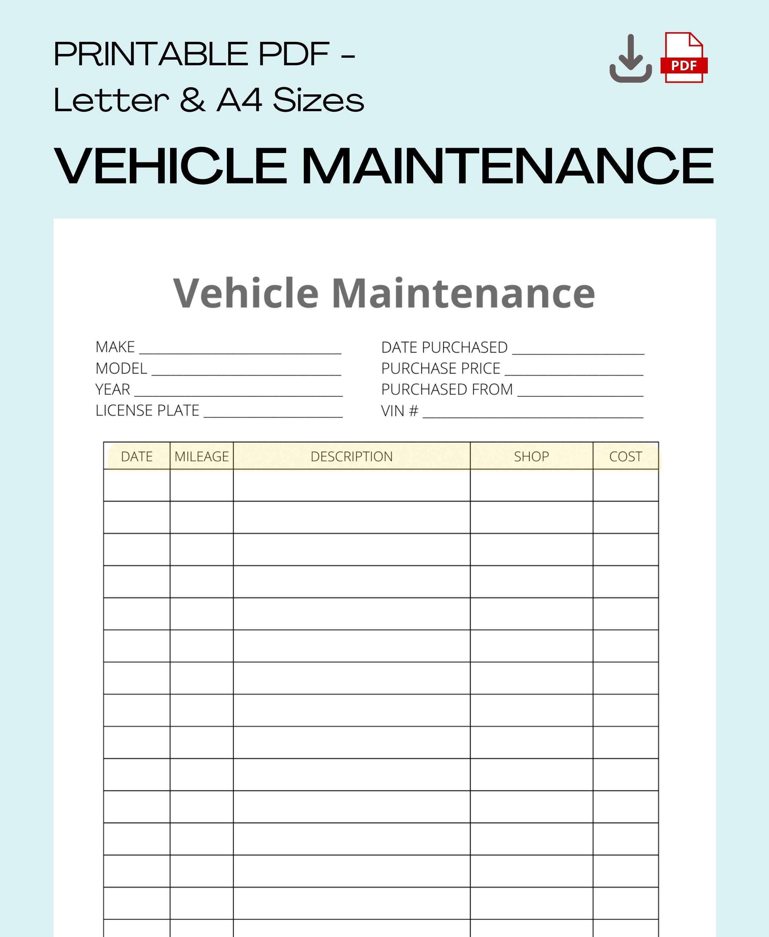 Vehicle Maintenance Log, Vehicle Repairs, Car Repairs Printable Log, Repair Checklist, Instant ...