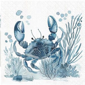 May include: Watercolor illustration of a blue crab with detailed claws and body, surrounded by aquatic plants and bubbles. The crab is the focal point, rendered in shades of blue, creating a coastal or nautical theme. The artwork is on a white background.