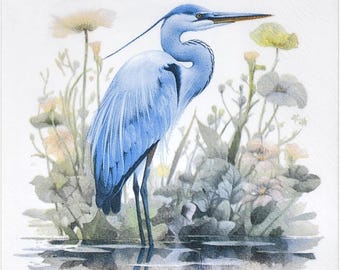 Decoupage Napkins, Blue Heron Napkins, Set of 2 Cocktail Size, #240 Beach Coastal Craft Paper Napkins Watercolor Heron in Grass