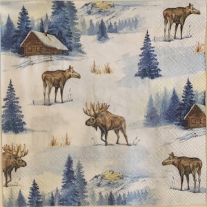 Decoupage Napkins, Elk Landscape Winter Napkins, Set of 2 Lunch Size, #169 Outdoor Scene Craft Paper Napkins