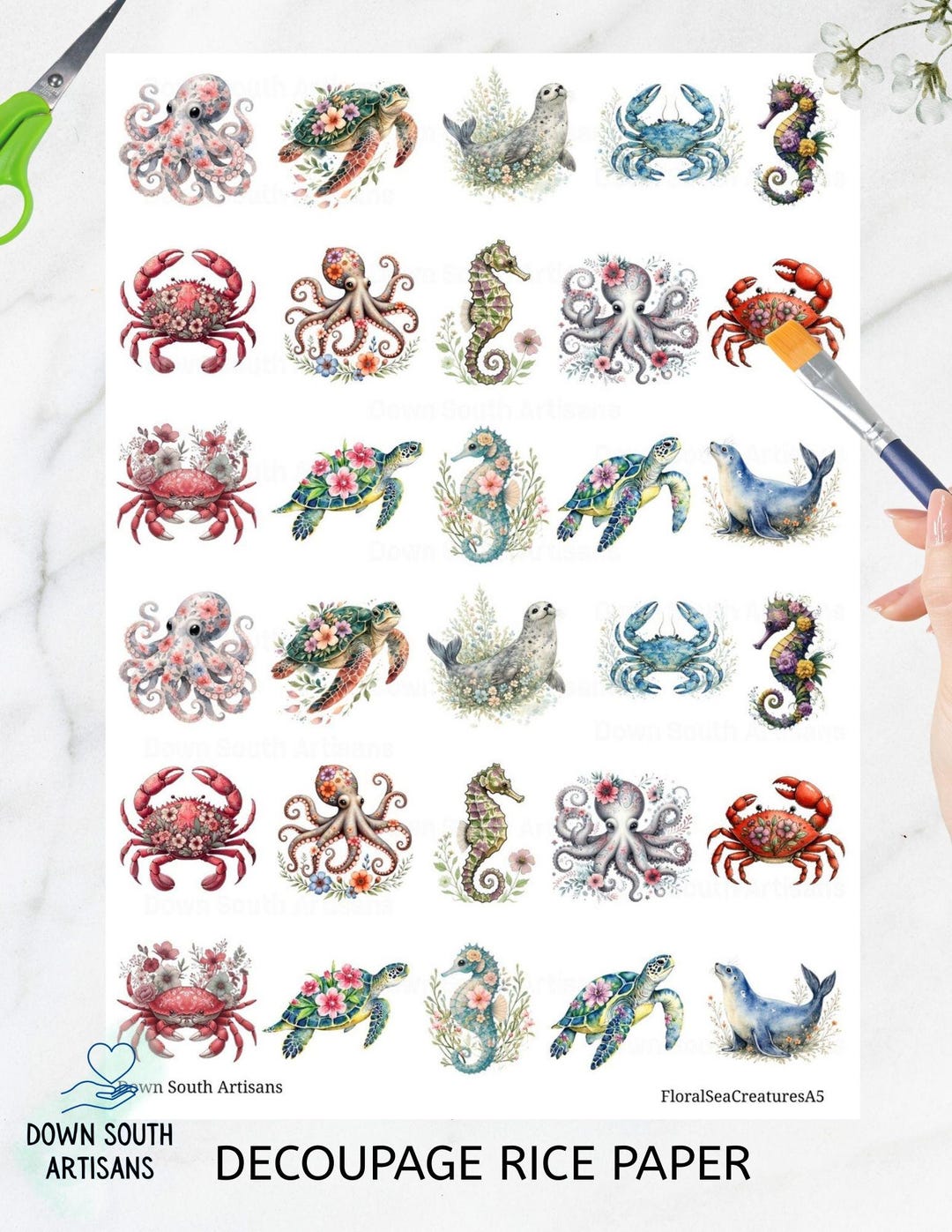 Decoupage Rice Paper FREE SHIPPING, 2 Sizes, Floral Sea Creatures ...