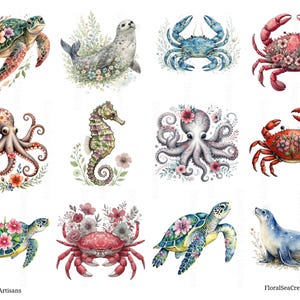May include: A collection of twelve watercolour illustrations featuring sea creatures including turtles, seals, crabs, an octopus, and a seahorse, each adorned with floral accents. The text Down South Artisans and FloralSeaCreatures 2.5in is visible.