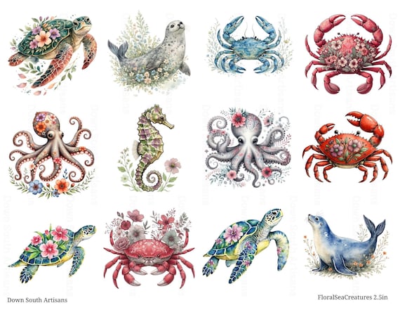 Decoupage Rice Paper FREE SHIPPING, 2.5" Floral Sea Animals, Beach Crab, Turtles, Octopus, Seahorse, Seal, RPFloralSeaCreatures2.5