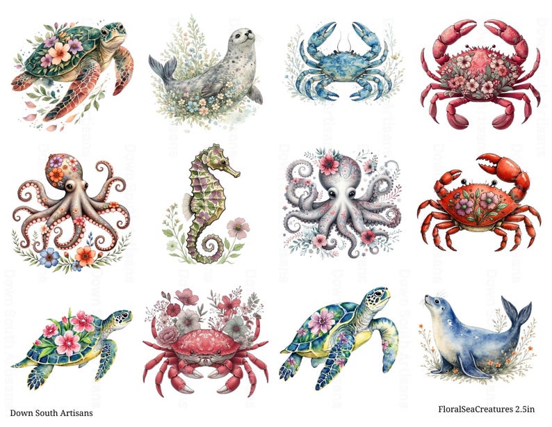 May include: A collection of twelve watercolour illustrations featuring sea creatures including turtles, seals, crabs, an octopus, and a seahorse, each adorned with floral accents. The text Down South Artisans and FloralSeaCreatures 2.5in is visible.