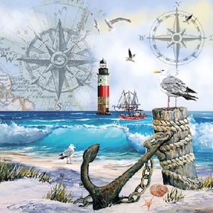 Decoupage Napkins, Lighthouse Anchor Beach Napkins, Set of 2 Cocktail Size, #277 Beach Coastal Craft Paper Napkins, Naval Compass