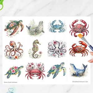 May include: A sheet of decoupage rice paper featuring twelve watercolour illustrations of sea creatures including turtles, seals, crabs, an octopus, and a seahorse, all adorned with floral accents. Text reads Down South Artisans and FloralSeaCreatures 2.5in.