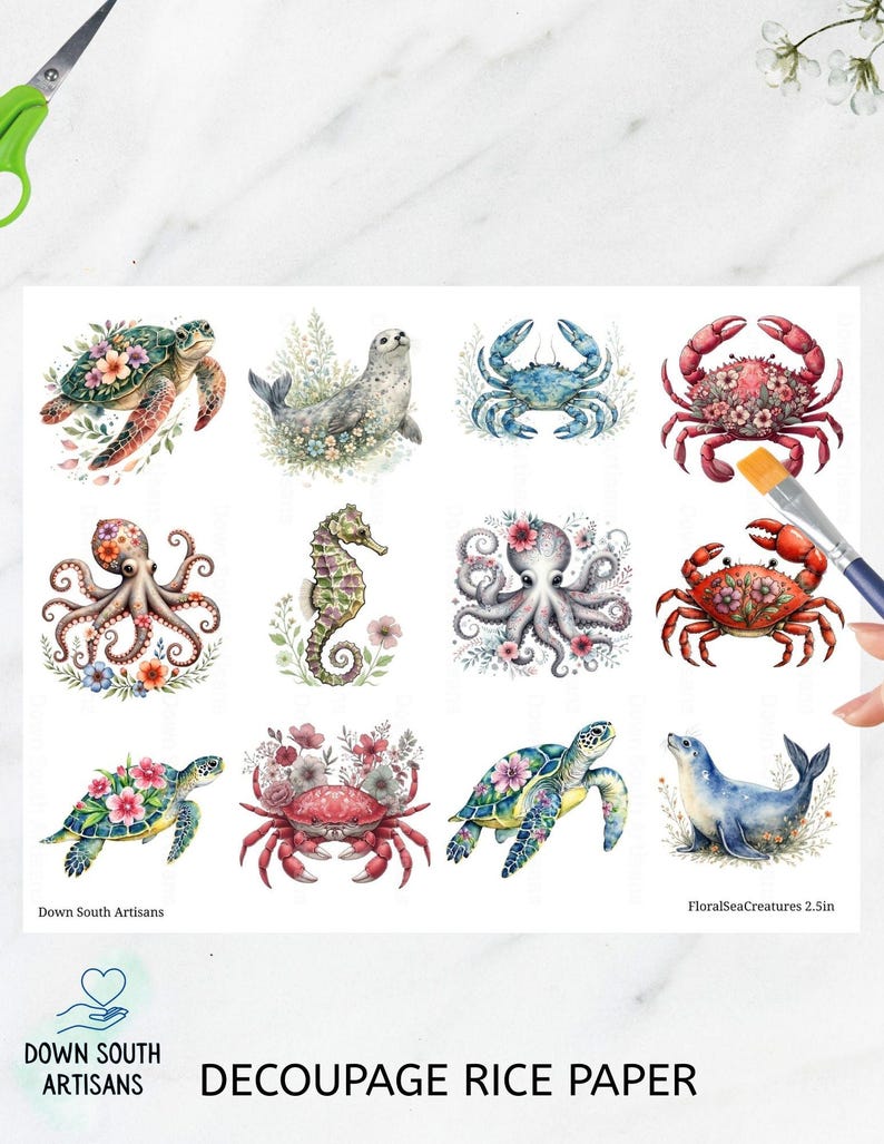 May include: A sheet of decoupage rice paper featuring twelve watercolour illustrations of sea creatures including turtles, seals, crabs, an octopus, and a seahorse, all adorned with floral accents. Text reads Down South Artisans and FloralSeaCreatures 2.5in.