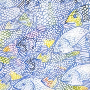 May include: An artistic pattern of fish in shades of blue, yellow, green, and purple. The fish are stylized with detailed scales and fins, creating a repeating design. The artwork has a hand-drawn quality, with a white background.