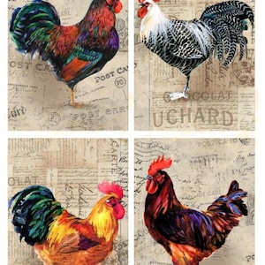 Roosters Rice Paper A4 Size Four Images on Each Sheet, High Quality Rice Paper with Roosters, Printed in Italy