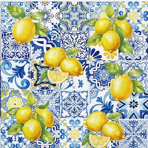 May include: Square decorative paper napkins with a vibrant design. The napkins feature a repeating pattern of blue and white tiles, reminiscent of traditional Portuguese azulejos. Bright yellow lemons with green leaves are scattered across the design.