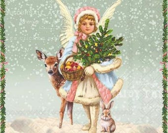 Decoupage Napkins, Deer and Angel Napkins, Set of 2 Lunch Size, #8022 Retro Angel Christmas Craft Paper Napkins