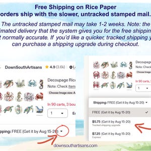 May include: A digital interface display showing a collection of marine life illustrations including octopuses, crabs, sea turtles, and seahorses arranged in a grid, with dropdown menus for selecting image sizes and shipping options for decoupage rice paper.
