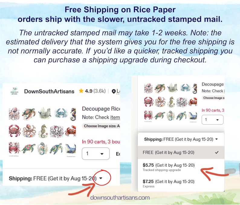 May include: A digital interface display showing a collection of marine life illustrations including octopuses, crabs, sea turtles, and seahorses arranged in a grid, with dropdown menus for selecting image sizes and shipping options for decoupage rice paper.