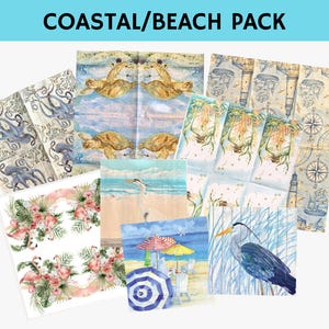 Set of 8 Coastal Decoupage Napkin Pack, Paper Craft Napkins, Beach/Coastal Theme Set, Sea Turtles, Heron, Egret, Octopus, Sea Horse, Shells