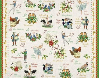 Puede incluir: Un panel de tela cuadrado con el tema de los doce días de Navidad, con ilustraciones de aves, bailarines y doncellas. El borde muestra el texto On the first day of Christmas, my true love sent to me en un patrón repetitivo sobre fondo crema.