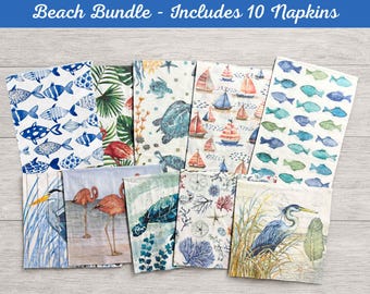Set of 10 Beach Napkin Pack Bundle, Decoupage Paper Napkins, Beach/Coastal Theme, Sea Turtles, Heron, Sea Life, Seashells