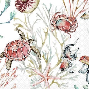 Decoupage Napkins, Sea Animals Napkins, Set of 2 Cocktail Size, #0250 Ocean Life Beach Coastal Craft Paper Napkins