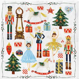 May include: A square paper napkin featuring a watercolor illustration of Christmas motifs including nutcrackers, a grandfather clock, rocking horses, a mouse king, a fairy, dancers, decorated pine trees, gift boxes, and drums with a green border.