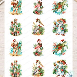 May include: A sheet of decoupage rice paper featuring twelve tropical Christmas illustrations arranged in four rows. Designs include Santa with a surfboard, a flamingo with a wreath, a sea turtle, a nutcracker, a pelican, and a snowman in a shirt.