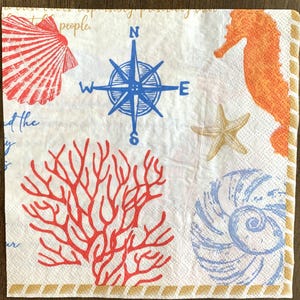 Decoupage Napkins, Starfish Shells Script Ocean Theme Napkins, Set of 2 Cocktail Size, #204 Beach Coastal Craft Napkins