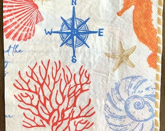 Decoupage Napkins, Starfish Shells Script Ocean Theme Napkins, Set of 2 Cocktail Size, #204 Beach Coastal Craft Napkins