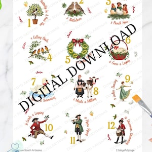 May include: A digital download sheet of decoupage rice paper featuring twelve numbered illustrations representing the Twelve Days of Christmas, including a partridge in a pear tree, turtle doves, French hens, calling birds, gold rings, geese, swans, maids, ladies, lords, pipers, and drummers.
