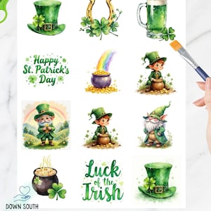 May include: Decoupage rice paper sheet featuring watercolor illustrations of St. Patrick's Day symbols. Includes a green top hat, horseshoe, leprechauns, a pot of gold, and the text "Happy St. Patrick's Day" and "Luck of the Irish".