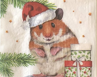 Decoupage Napkins, Christmas Mouse Hat Napkins, Set of 2 Lunch Size, #892 Santa Mice Christmas Craft Paper Napkins