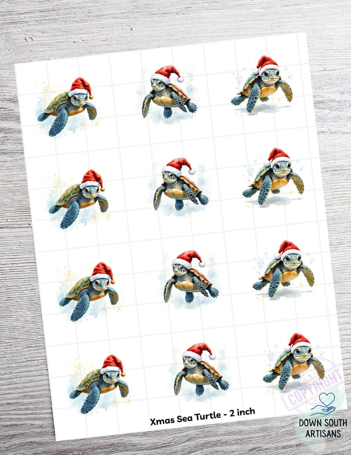 Christmas Sea Turtle Rice Paper FREE SHIPPING, 2 Inch Images, Coastal ...