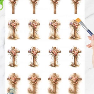 May include: Decoupage rice paper sheet featuring watercolor crosses adorned with pink roses, greenery, and butterflies. The crosses are brown, and the floral arrangements have a vintage aesthetic. The text "DECOUPAGE RICE PAPER" is visible.