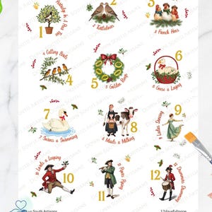 May include: A sheet of decoupage rice paper featuring twelve illustrations representing the Twelve Days of Christmas, each numbered one through twelve with corresponding text like Partridge in a Pear Tree and French Hens, accented by holly berries.