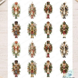 May include: A sheet of decoupage rice paper featuring sixteen individual nutcracker illustrations arranged in a four-by-four grid. Each nutcracker is surrounded by festive greenery and berries, showcasing various uniforms in red, green, gold, and black.