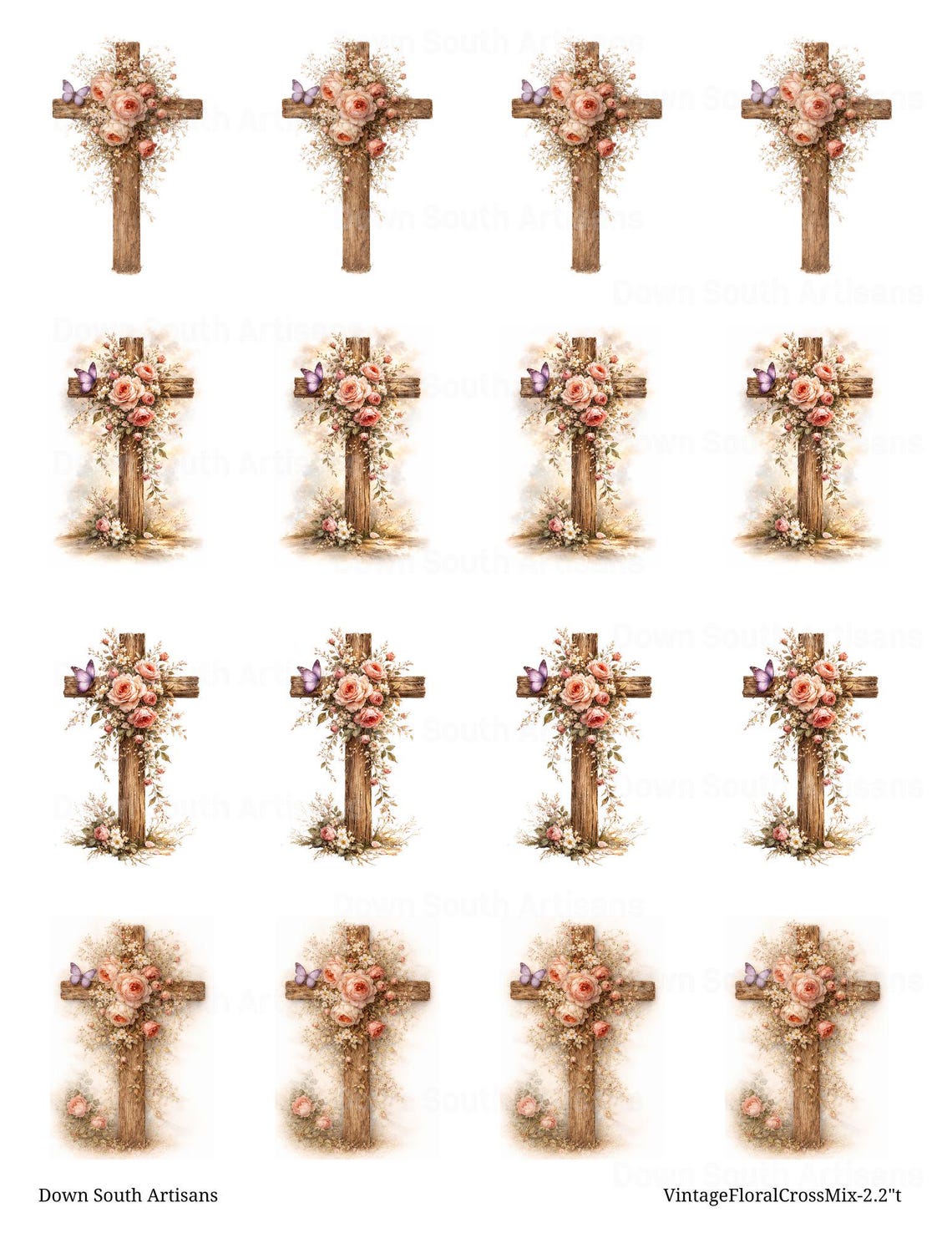 Vintage Floral Crosses Paper FREE SHIPPING, 4 Assorted Images, 2.2 Inch ...