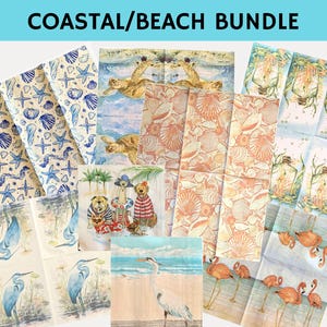 Set of 8 Coastal Decoupage Napkin Pack, Paper Craft Napkins, Beach/Coastal Theme Set, Sea Turtles, Heron, Egret, Flamingos, Sea Horse, Shell