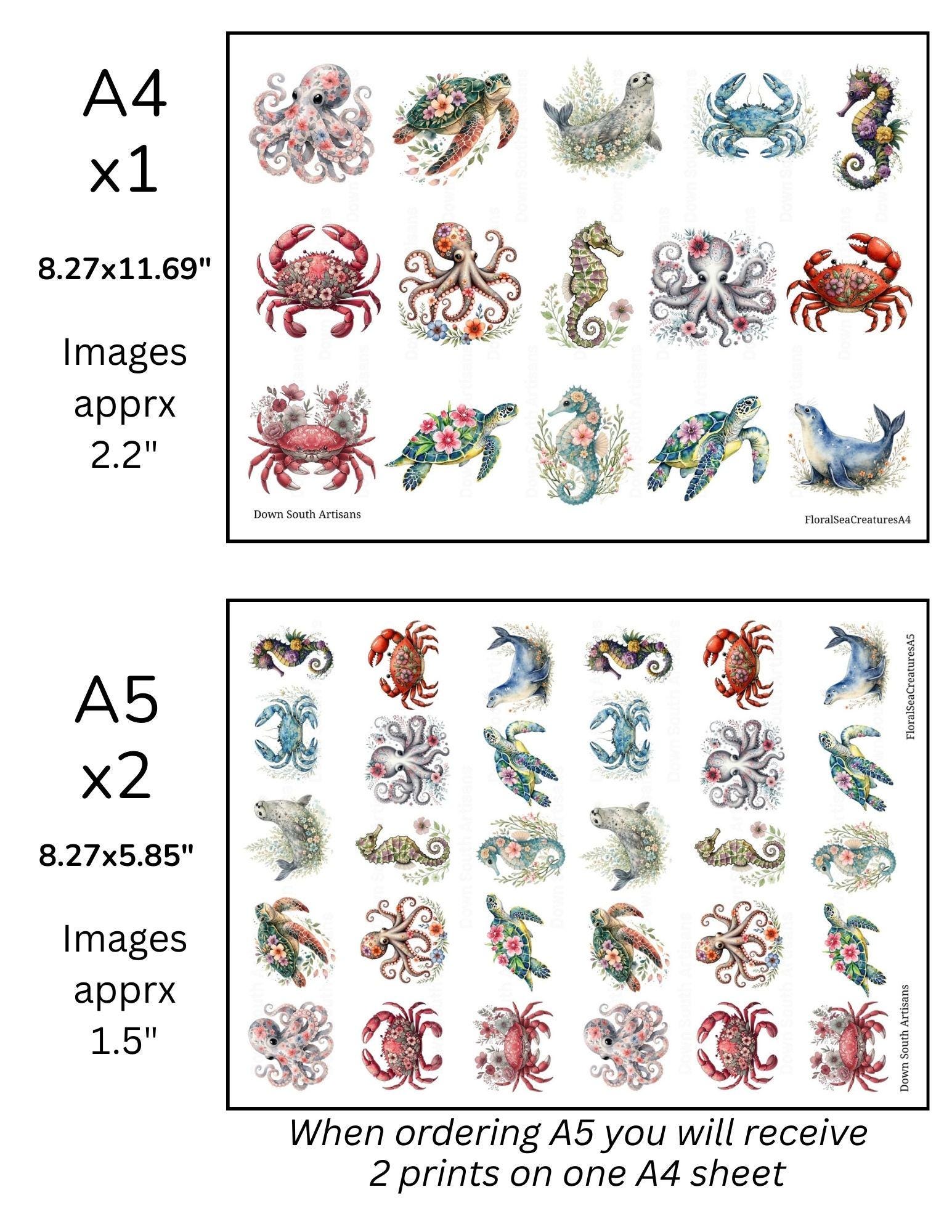 Decoupage Rice Paper FREE SHIPPING, 2 Sizes, Floral Sea Creatures ...